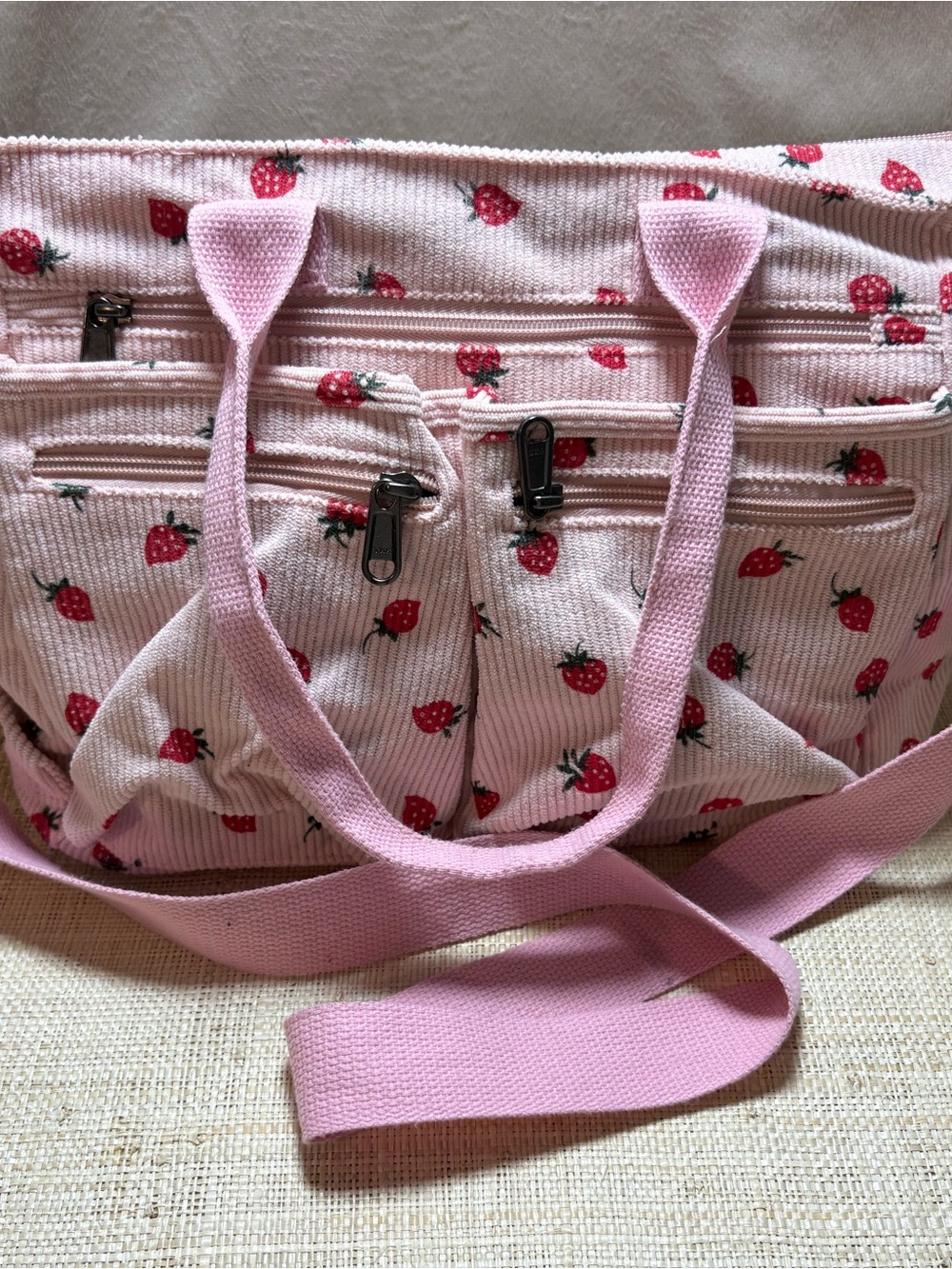 Pink Strawberry Print Multi-Pocket Utility Tote /Crossbody Bhoulder Bag